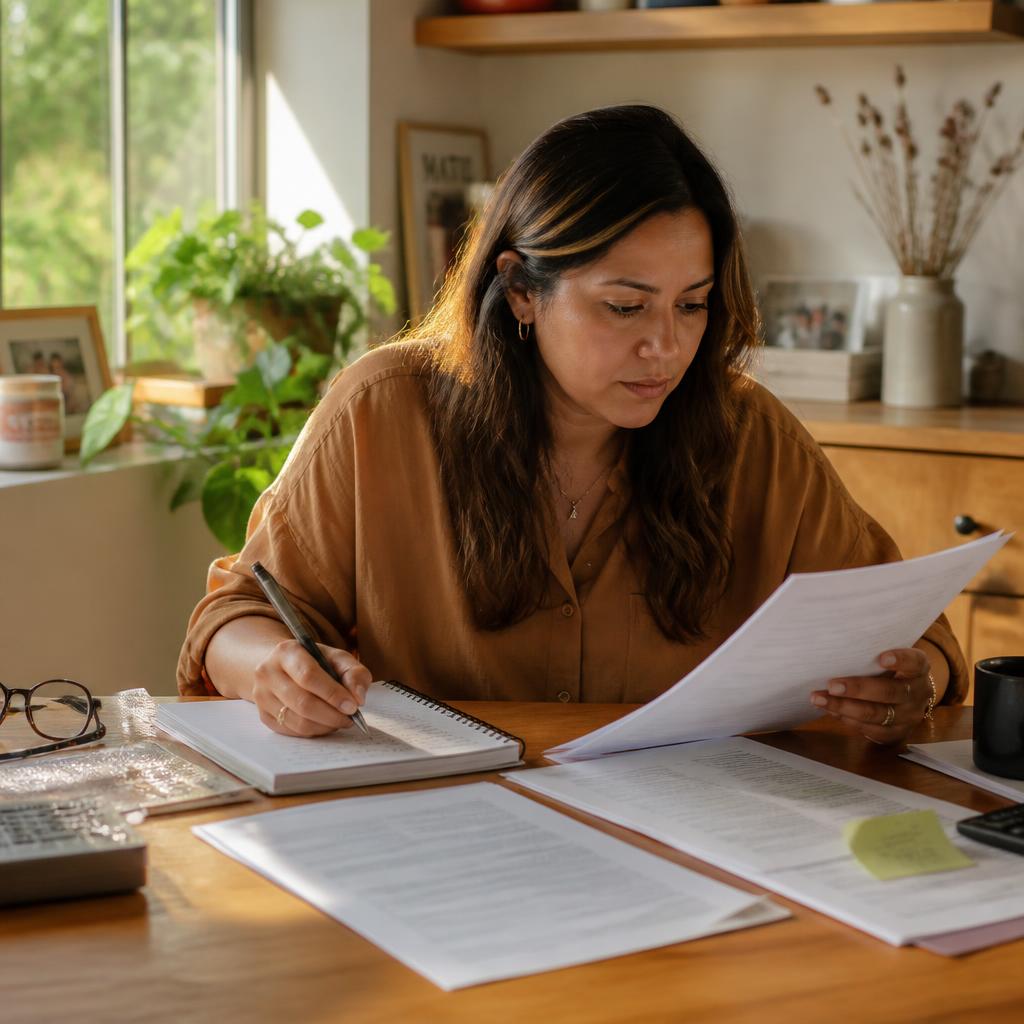 Mujer revisando documentos y tomando notas en una mesa de cocina cálida con luz natural